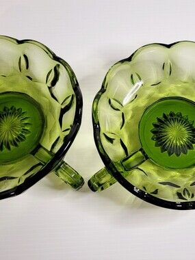 Vintage Green Glass Handled Bowls Set of 2 Olive Avocado Thumbprint Style
